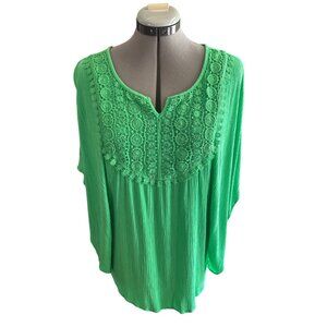 OneWorld Womens Boho Vibrant Green Poncho Top M Crochet Embellished